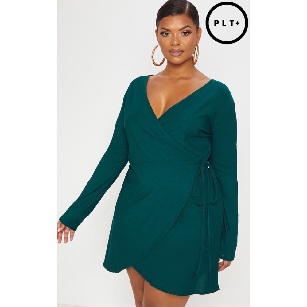Plus Emerald Green Wrap Long Sleeve Tea Dress